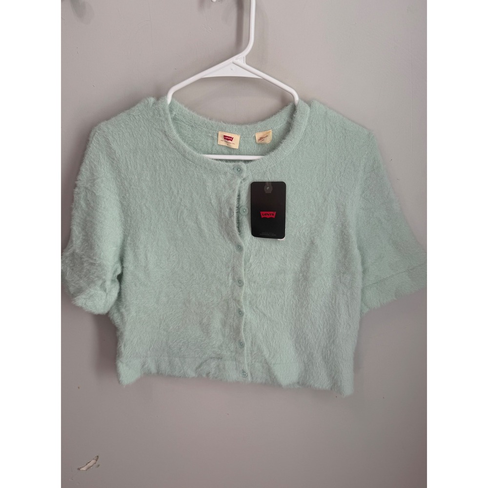 NWT Levi's Sandy Fuzzy Cropped Cardigan Short Sleeve Mint Green Sweater L
